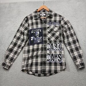 Sugarhill Dark Days Plaid Flannel Shirt S Black White Patchwork Graphic Skeleton